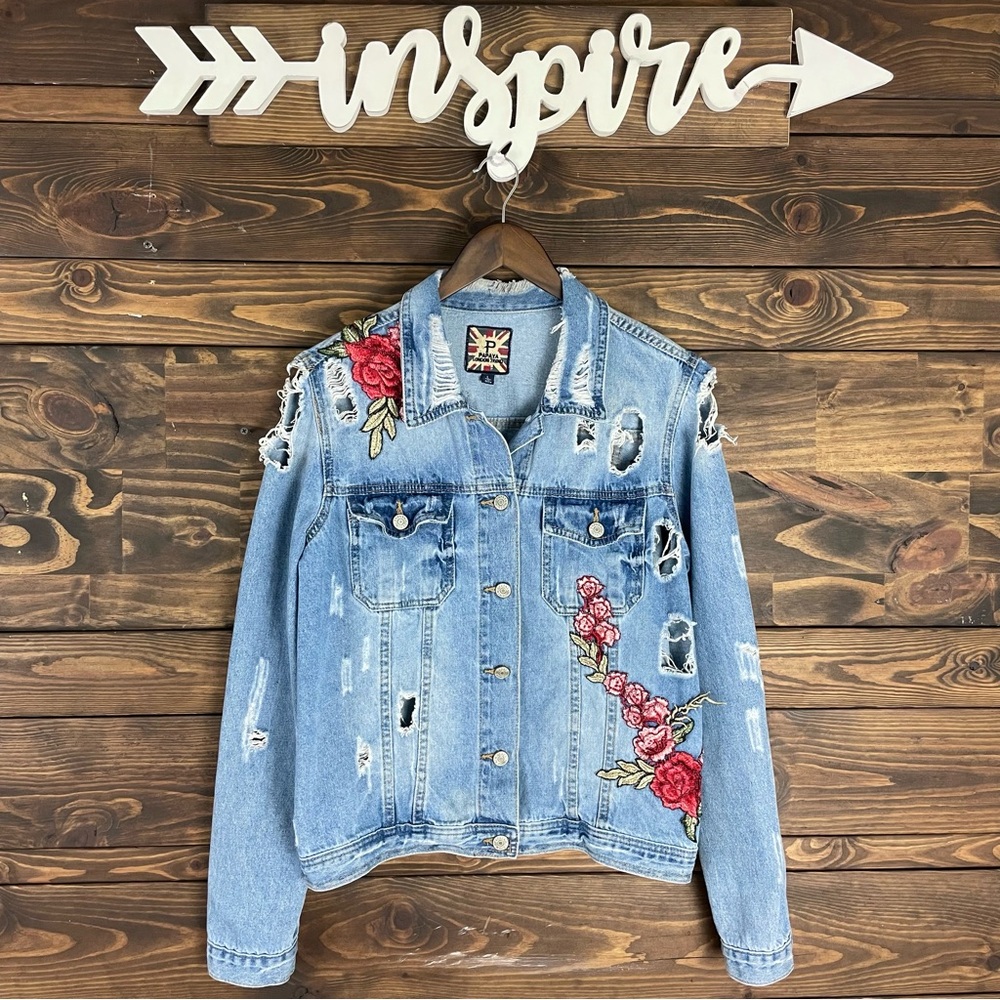 Papaya |‎ London Trend Distressed Rose Appliqué Denim Jean Jacket Floral Design - Picture 6 of 14